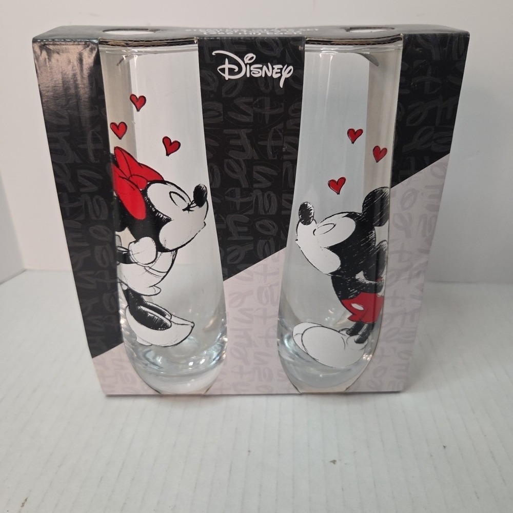Disney Mickey & Minnie Mouse Stemless Wine Champagne Glass Set Valentines Day
